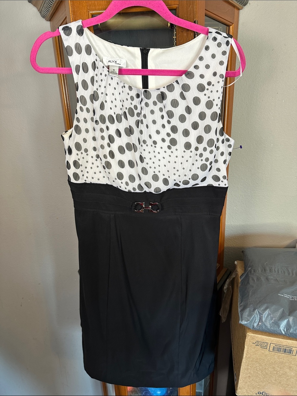 Alyx Black and White Polka Dot Sleeveless Sheath Dress with Buckle Detail